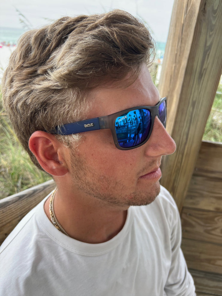 Qwave Men and Women, Frost Grey/ Frost Blue Frame, Polarized Blue Mirror Lens, Sport Sunglasses