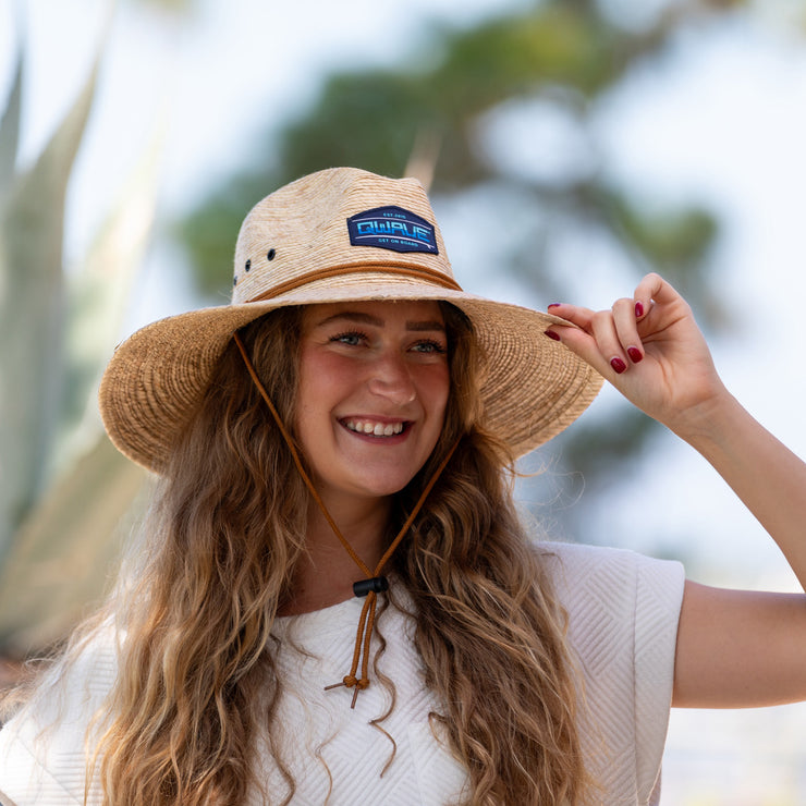 Qwave Packable Stone-Washed Straw Lifeguard Hat for Men and Women - Beach Straw Hat Protects from Summer Sun -  American Flag Surfboards