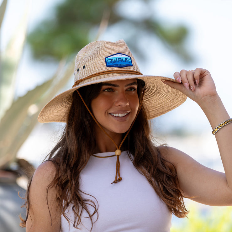 Qwave Packable Stone-Washed Straw Lifeguard Hat for Men and Women - Beach Straw Hat Protects from Summer Sun -  American Flag Surfboards