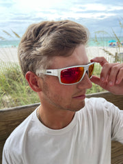 Qwave Men and Women, Shiny Pearl Silver Frame, Polarized Orange Fire Mirror Lens, Sport Wrap Sunglasses