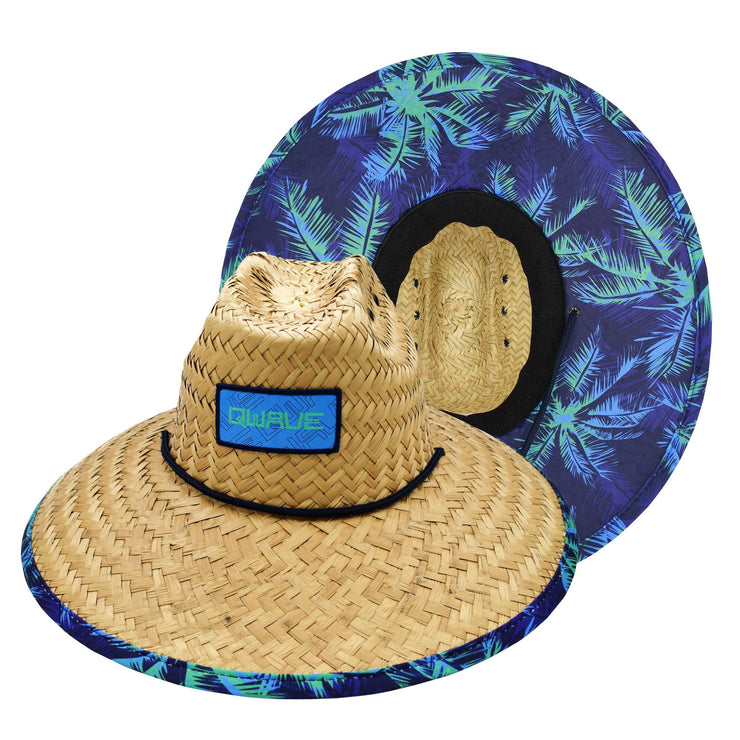 Qwave Mens Straw Hat - Cool Fishing Print Designs, Beach Gear Sun Hats for Men Protects from Summer Sun - Lifeguard Hat - Rainforest Palms Dark Straw