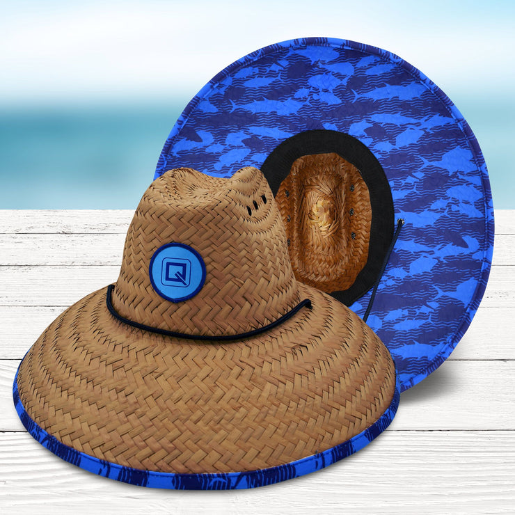Qwave Mens Straw Hat - Cool Fishing Print Designs, Beach Gear Sun Hats for Men Protects from Summer Sun - Lifeguard Hat - Bluefish Light Straw