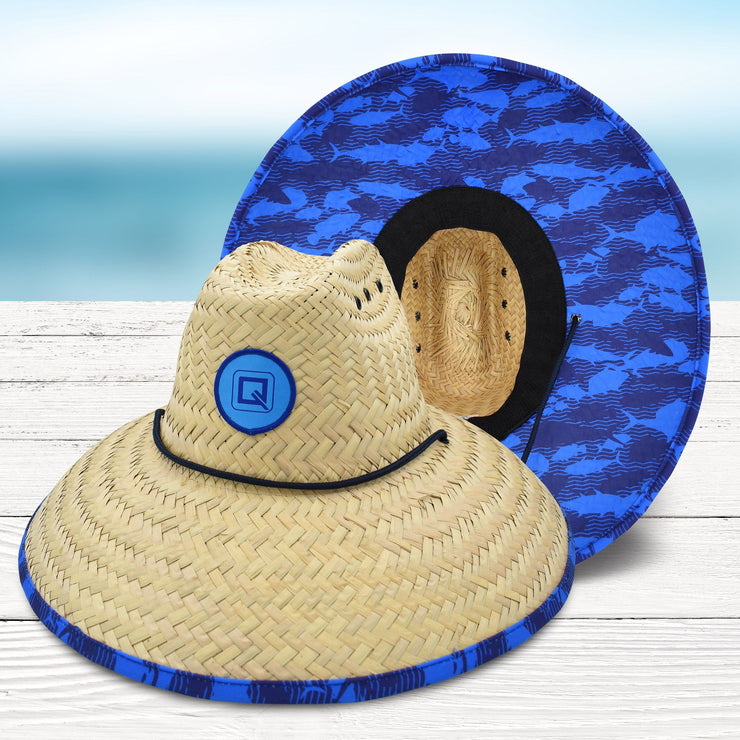 Qwave Mens Straw Hat - Cool Fishing Print Designs, Beach Gear Sun Hats for Men Protects from Summer Sun - Lifeguard Hat - Bluefish Light Straw
