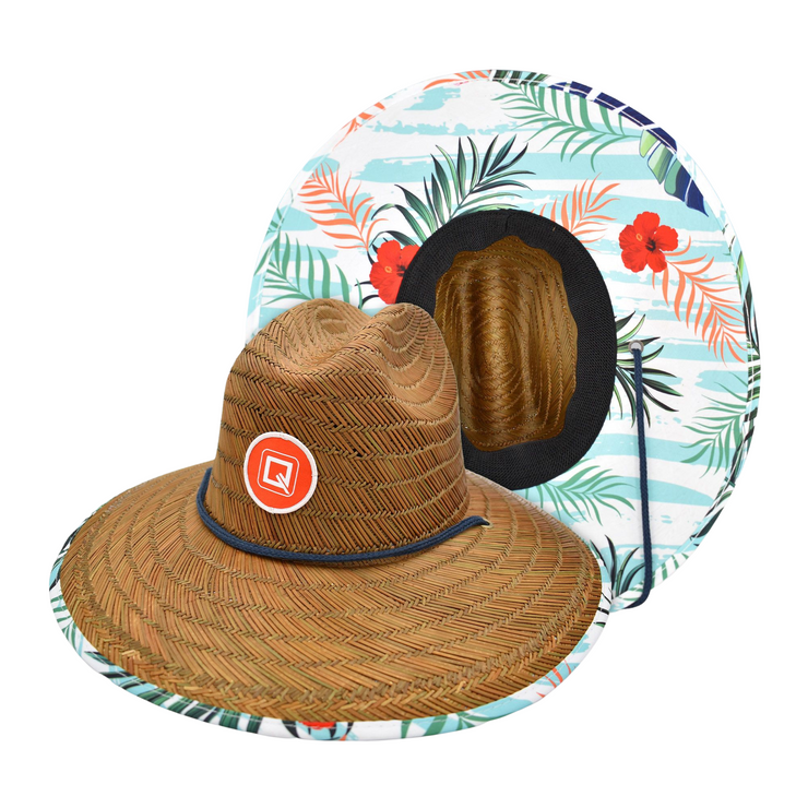 Qwave Straw Hats for Women - Stylish Tropical Print Designs, Beach Gear Sun Hats for Women, Lifeguard Hat with Sun Protection - Pink & Blue Palm Print