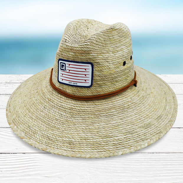 Qwave Packable Stone-Washed Straw Lifeguard Hat for Men and Women - Beach Straw Hat Protects from Summer Sun -  American Flag Surfboards