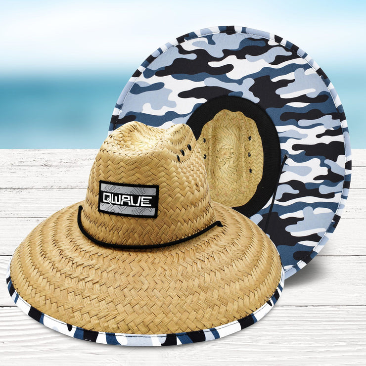 Qwave Mens Straw Hat - Cool Fishing Print Designs, Beach Gear Sun Hats for Men Protects from Summer Sun - Lifeguard Hat - Grey Camo Light Straw
